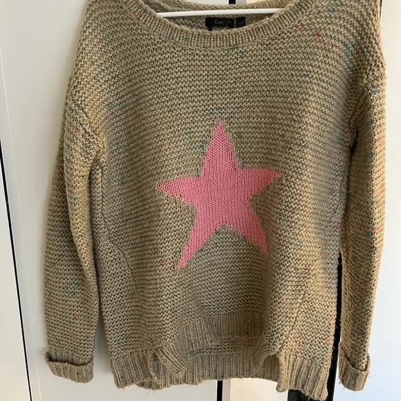 Tan and Pink Crew Neck Sweater with Star Design - Picture 1 of 6